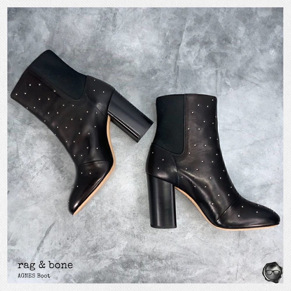 RAG & BONE AGNES STUDDED BLACK LEATHER BOOTS WOMEN’S HIGH HEEL CHELSEA BOOTIES - Picture 2 of 15